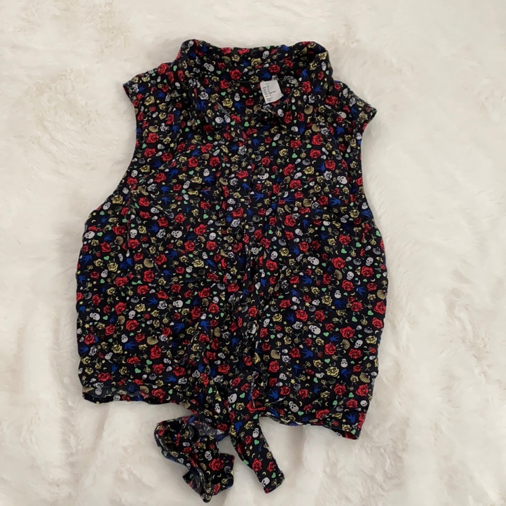 Skulls Roses and Sparrows Button Up Tie Blouse